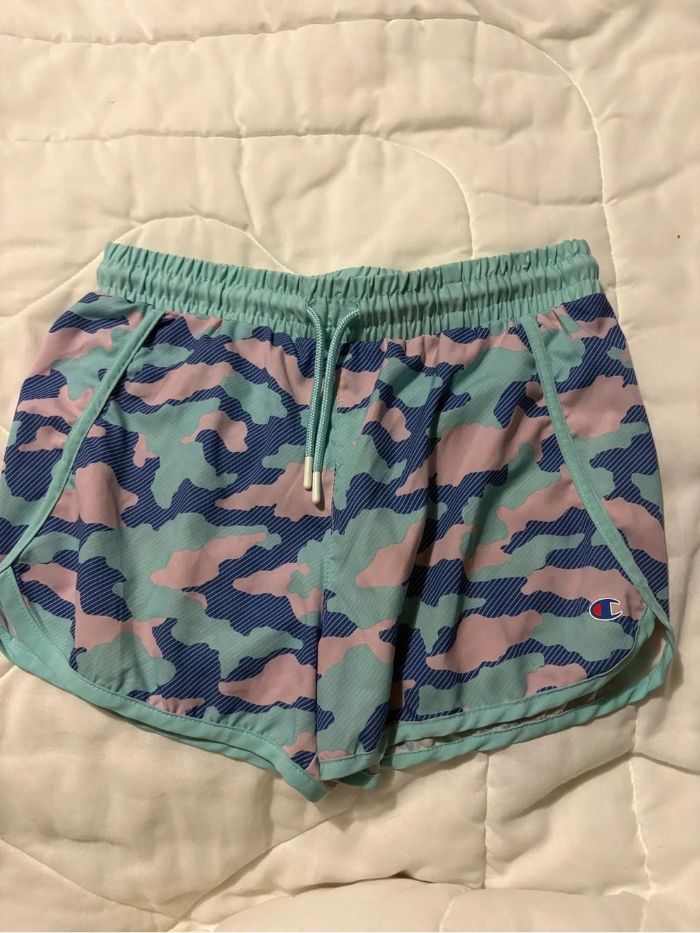 Champion Pink Tee with Mint & Blue Camo Shorts
